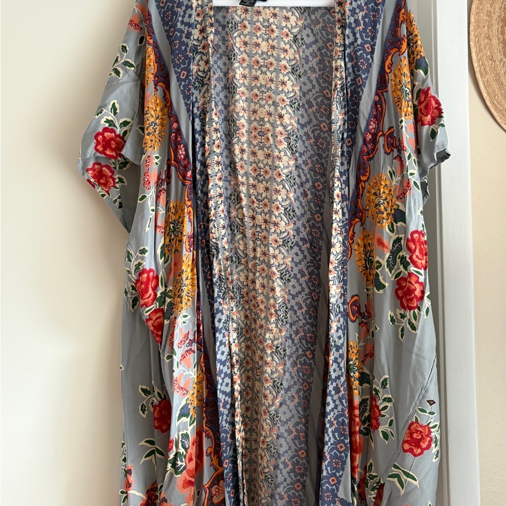 Floral Kimono with Red and Blue Accents